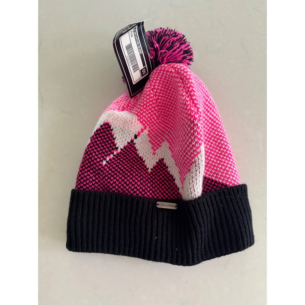 Polaris Pink Black Mountain Beanie Knit Hat Fleece Lined Pom‎ Pom OS NWT - Picture 2 of 4